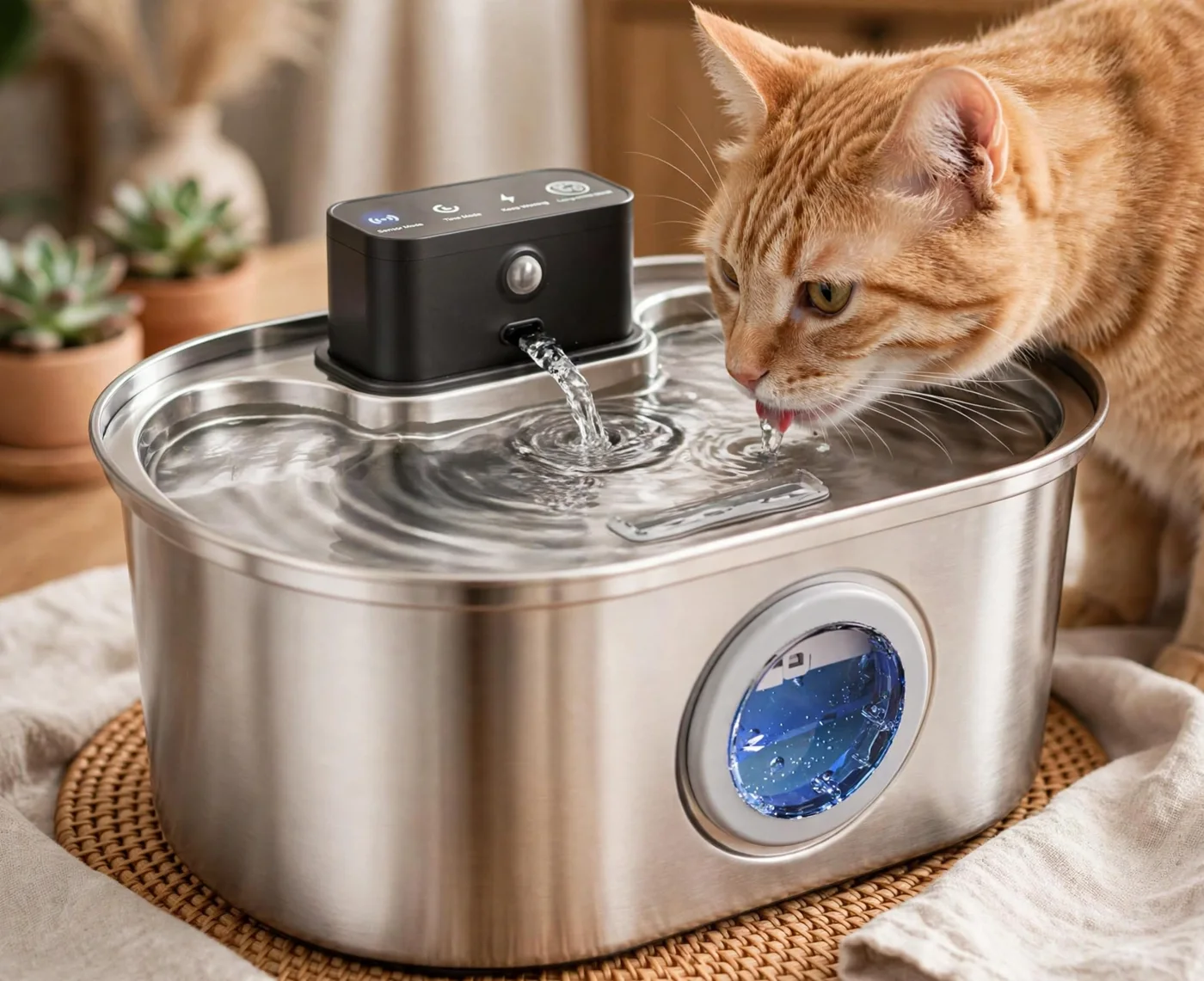 An orange cat drinking from the Pawquifer Elite stainless-steel fountain at home